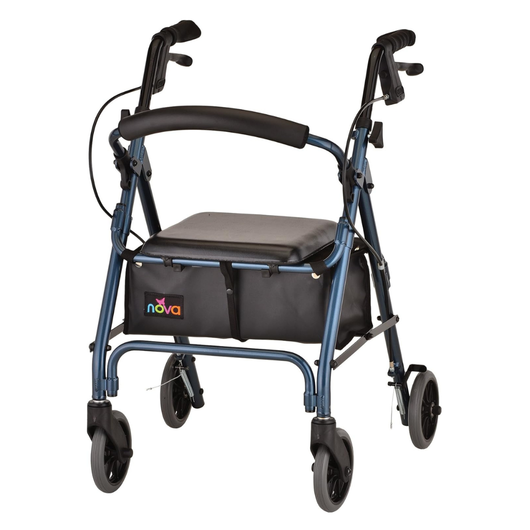 The Nova Medical GetGo Rolling Rollator Walker is a lightweight walker in blue and black featuring four wheels, a padded seat, handles with brakes, and a convenient storage pouch beneath the seat.